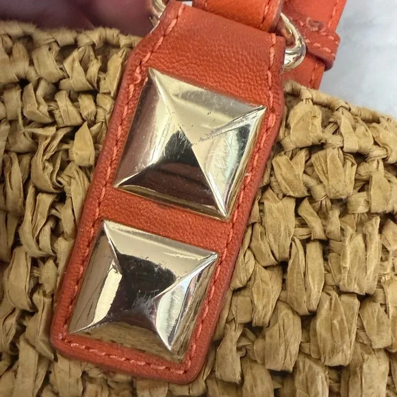 Michael Kors women’s tan straw beach shoulder tote bag with orange leather strap - Picture 11 of 13